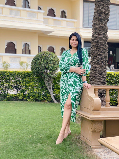 Green White Dress with Belt